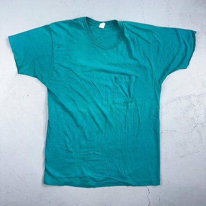 1960s Fruit Of The Loom VTG T Shirt Green Blue Thrashed Single Stitch 60s Blank