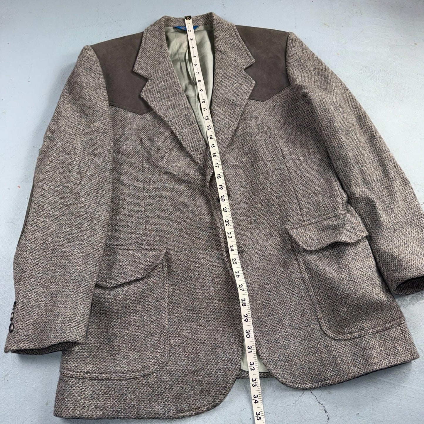 Pendleton Western Blazer Vintage Mens 42L USA Long Wool Gray Tweed Elbow Suede