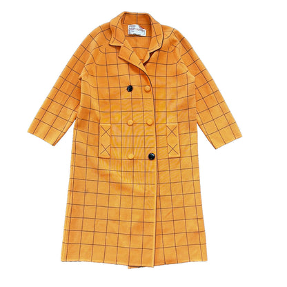 VTG 100% Wool Imperial Long Check Overcoat Womens Orange Rockabilly 1960s 70s
