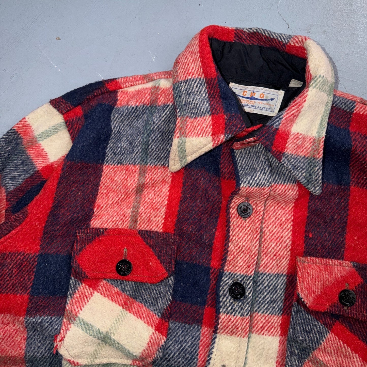 Vintage 70s Sport King CPO Shirt Jacket Mens Large Red Blue Wool Plaid Navy USN