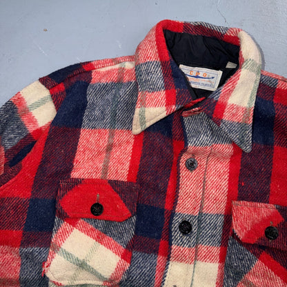 Vintage 70s Sport King CPO Shirt Jacket Mens Large Red Blue Wool Plaid Navy USN