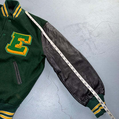 Varsity Jacket 44 VTG Green Bomber Wool Leather Evergreen Plainsmen Chainstitch