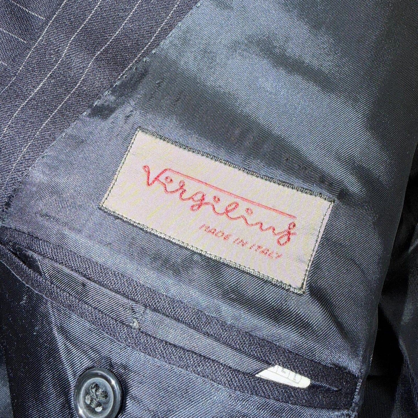 VTG Wool Suit Italy 54 Jacket Sport Coat Virgilini Double Breast Pin Stripe 80s