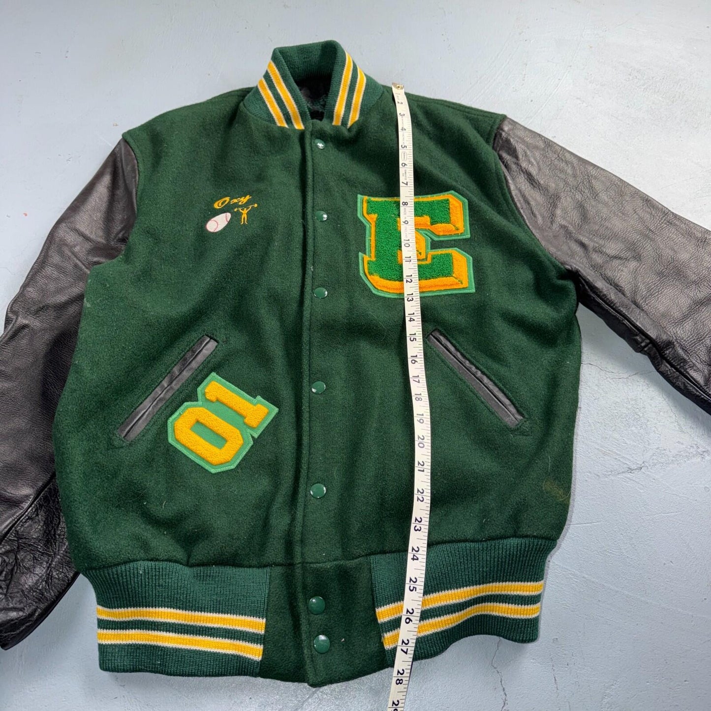 Varsity Jacket 44 VTG Green Bomber Wool Leather Evergreen Plainsmen Chainstitch