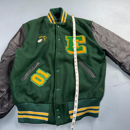 Varsity Jacket 44 VTG Green Bomber Wool Leather Evergreen Plainsmen Chainstitch