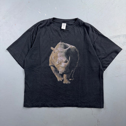 VTG 90s GAP Rhino Rhinoceros Animal Photo Graphic T Shirt Black Faded Boxy Fit