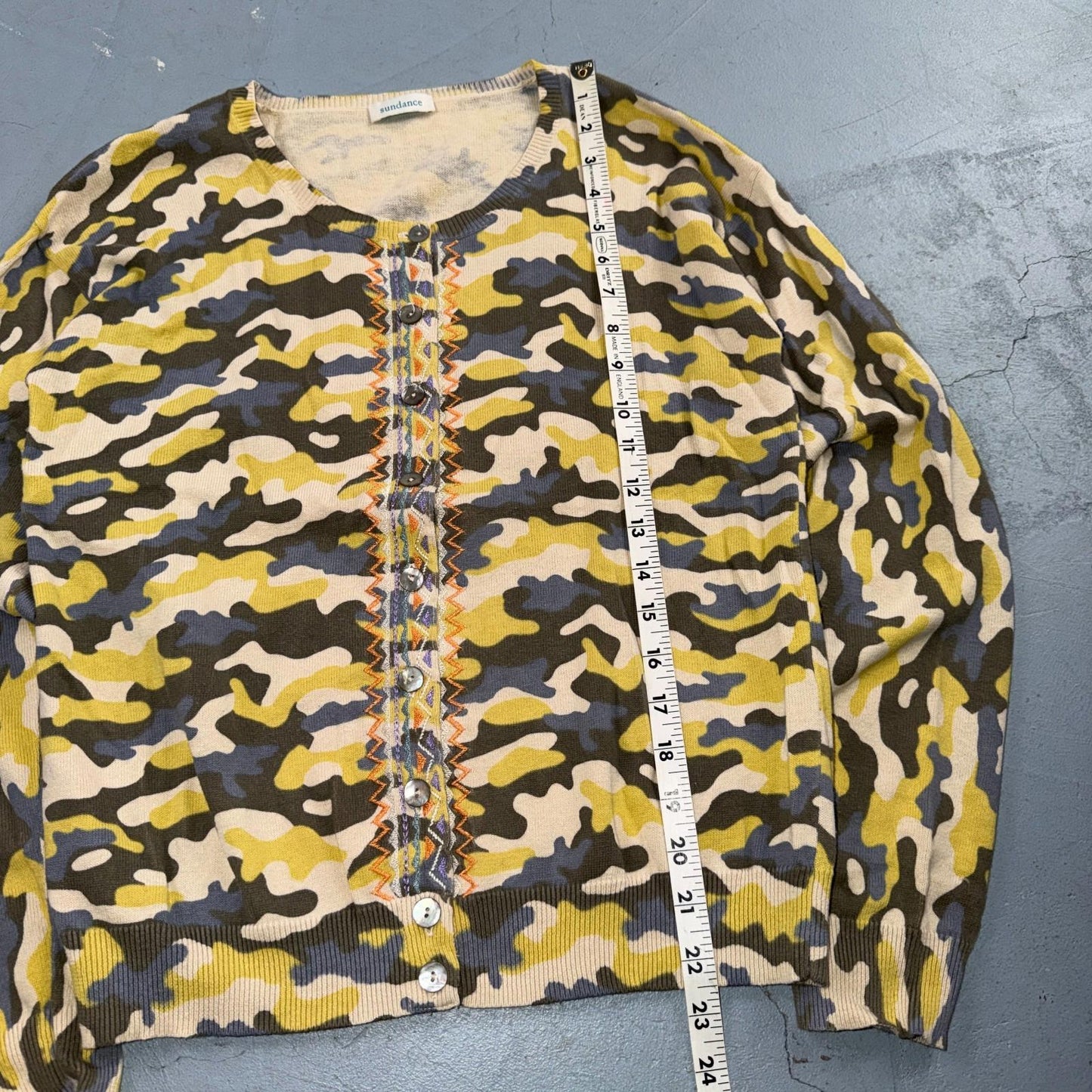 Sundance Tangier Camo Size Medium Yellow Button Down Cardigan Sweater Cute Y2K