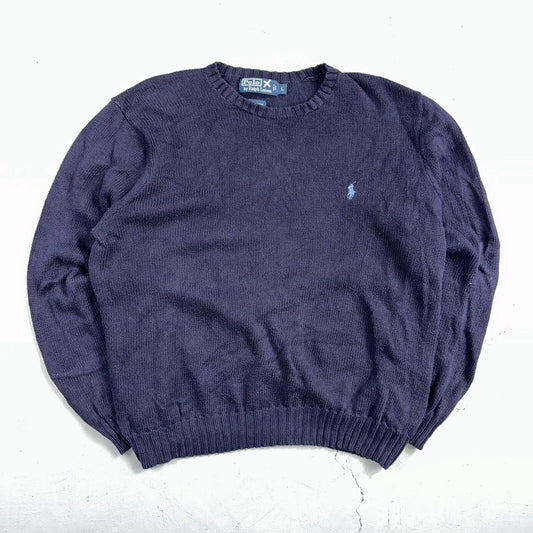 Polo Ralph Lauren Knit Crew Neck Sweater Blue Long Sleeve VTG 90s Cotton Size L