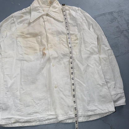 VTG 1940s Sportswear Button Shirt Rockabilly Stained White Linen? Cotton 40s
