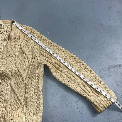 Heron Garment VTG 1970s Thick Ivory Pure Wool Cabled Cardigan Sweater 70s
