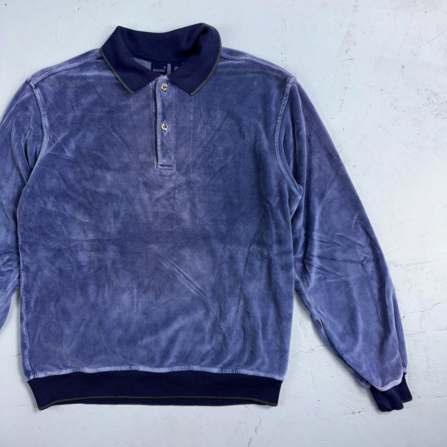 Velour Polo Shirt Hartog Marines Mens VTG 70s L USA Blue 1970s Rockabilly Worn