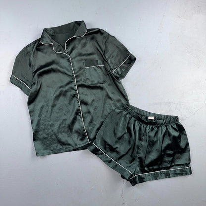 Women's Vintage 80s 2 Piece Poly Pajama Set Buttons Medium Cute Girly Green