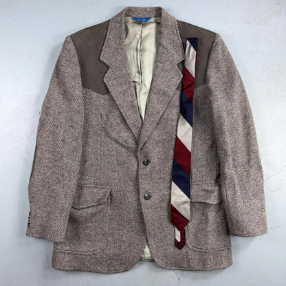 Pendleton Western Blazer Vintage Mens 42L USA Long Wool Gray Tweed Elbow Suede