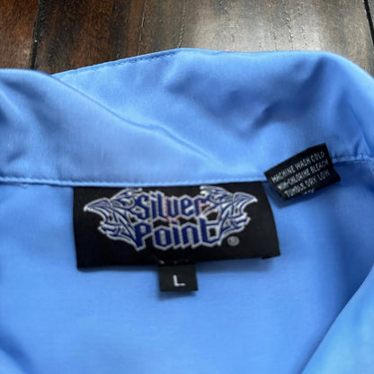 VTG Y2K Silver Point Blue Tribal Button Down Shirt Size L 1980s Ricky Trailer