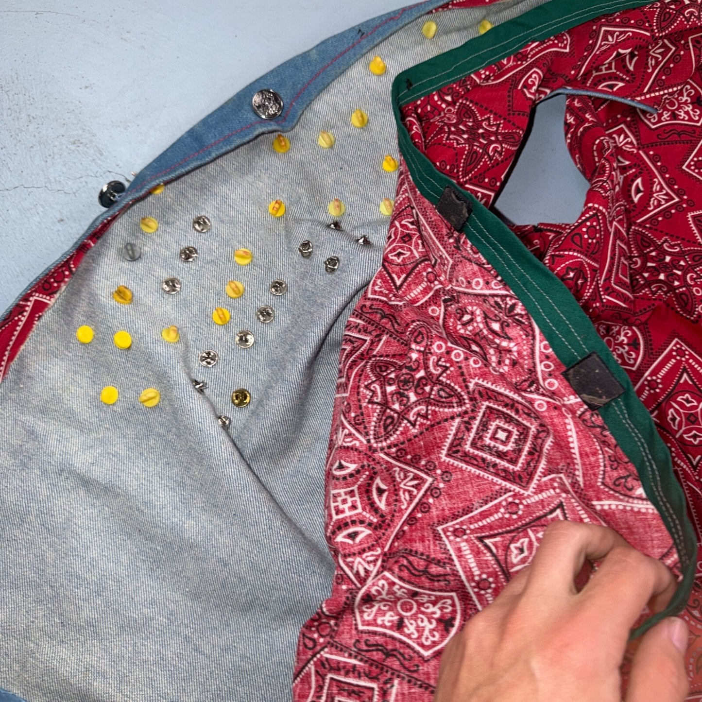 VTG 70s Denim Biker Vest Pins Patches Rare Paisley Hippie Era 1970s Military