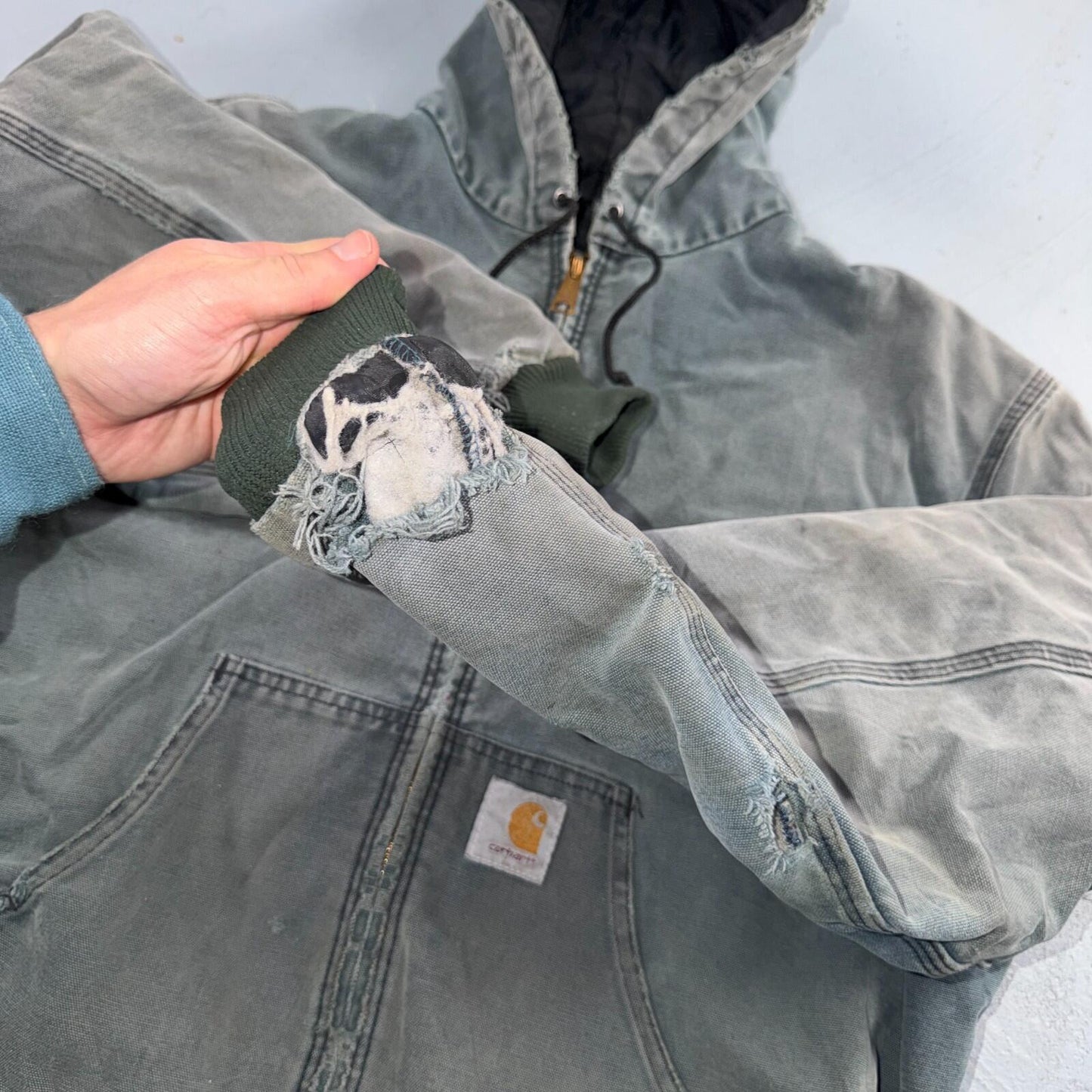 Vintage Carhartt Olive Green Hooded Jacket Bomber Coat Thrashed Faded 90s Y2K