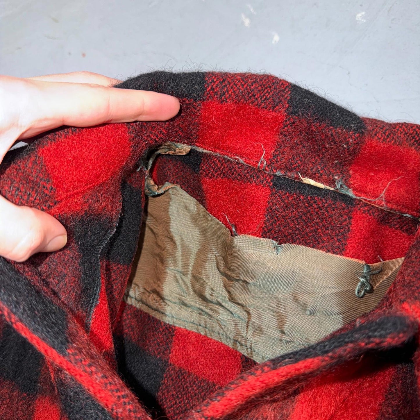 VTG 1950s Wool Buffalo Plaid Mackinaw Heavy Jacket Button Up Mohair Rockabilly