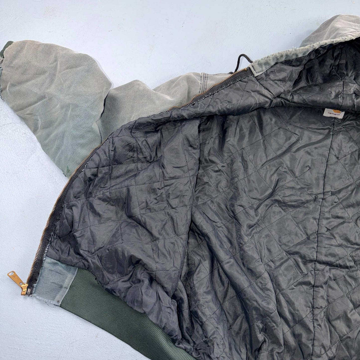Vintage Carhartt Olive Green Hooded Jacket Bomber Coat Thrashed Faded 90s Y2K