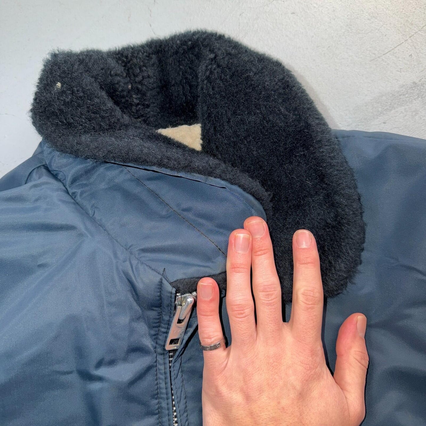 Vintage Wear-Guard Jacket Mens M Blue Bomber Faux Fur Collar Sherpa USA 80s