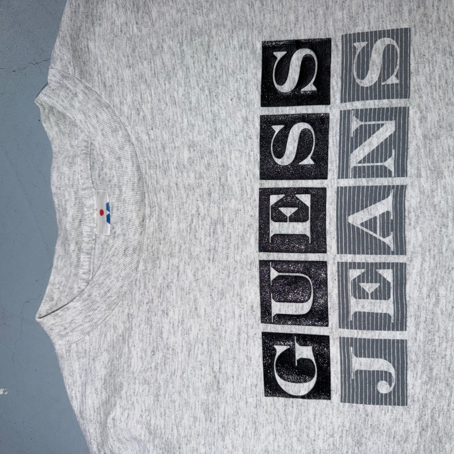 Vintage Guess Jeans T Shirt Spellout Logo Graphic Tee 90s Made In USA Gray