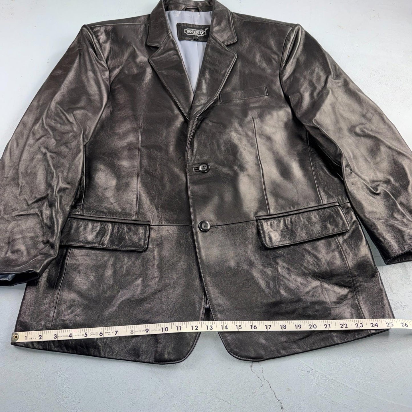 BGSD Mens Black Leather 2 Button Front Collared Jacket Size XL S Lambskin