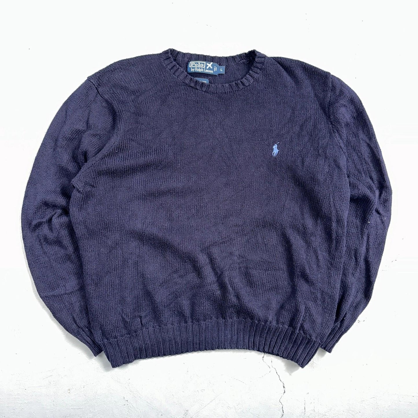 Polo Ralph Lauren Knit Crew Neck Sweater Blue Long Sleeve VTG 90s Cotton Size L