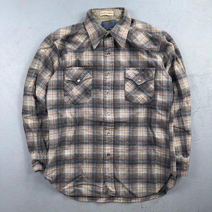 Pendleton VTG 100% Virgin Wool Western Plaid Shirt Pearl Snap Gray High Grade