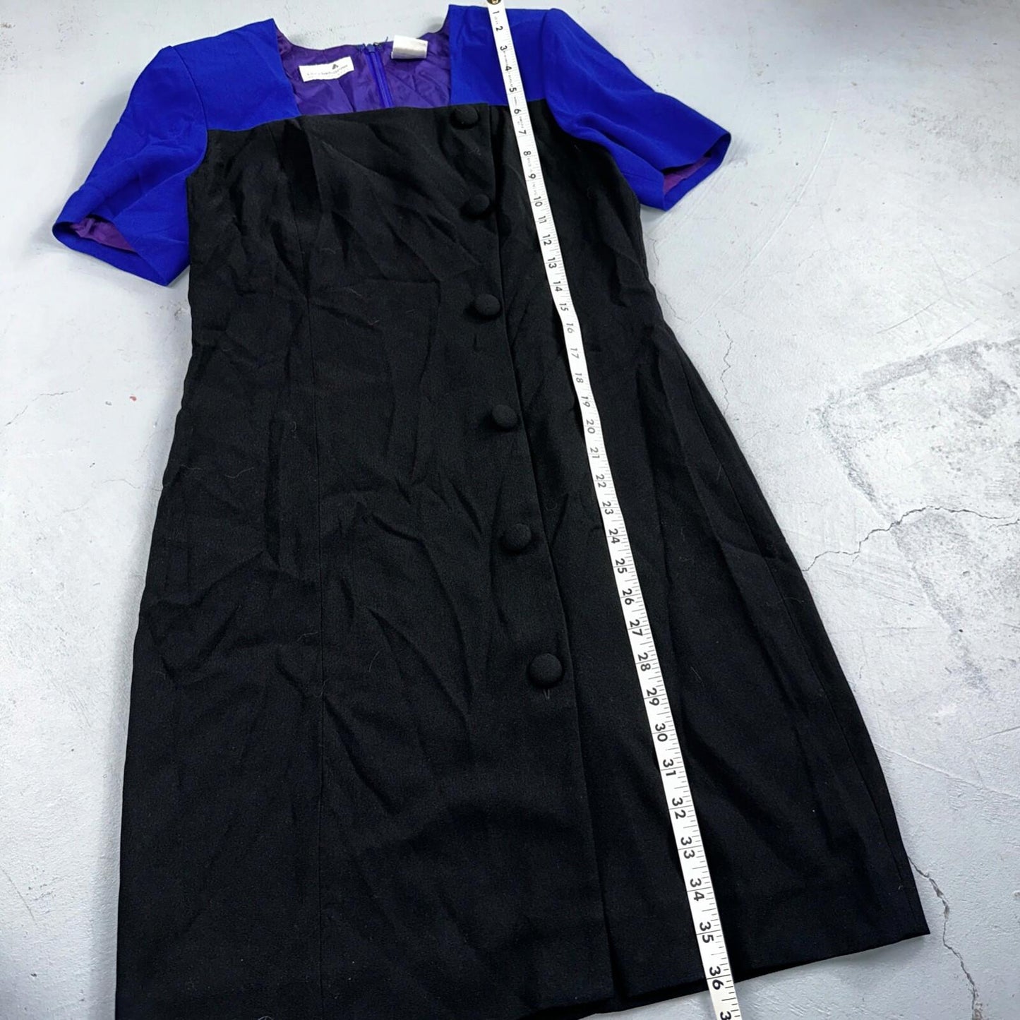 Liz Claiborne Petite 10 Black Blue Short Sleeve V Neck Stretch Sweater Dress VTG