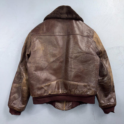 VTG WWII Horsehide Leather Zip Up Bomber Jacket Fur Collar 40s 50s A2 Civilian