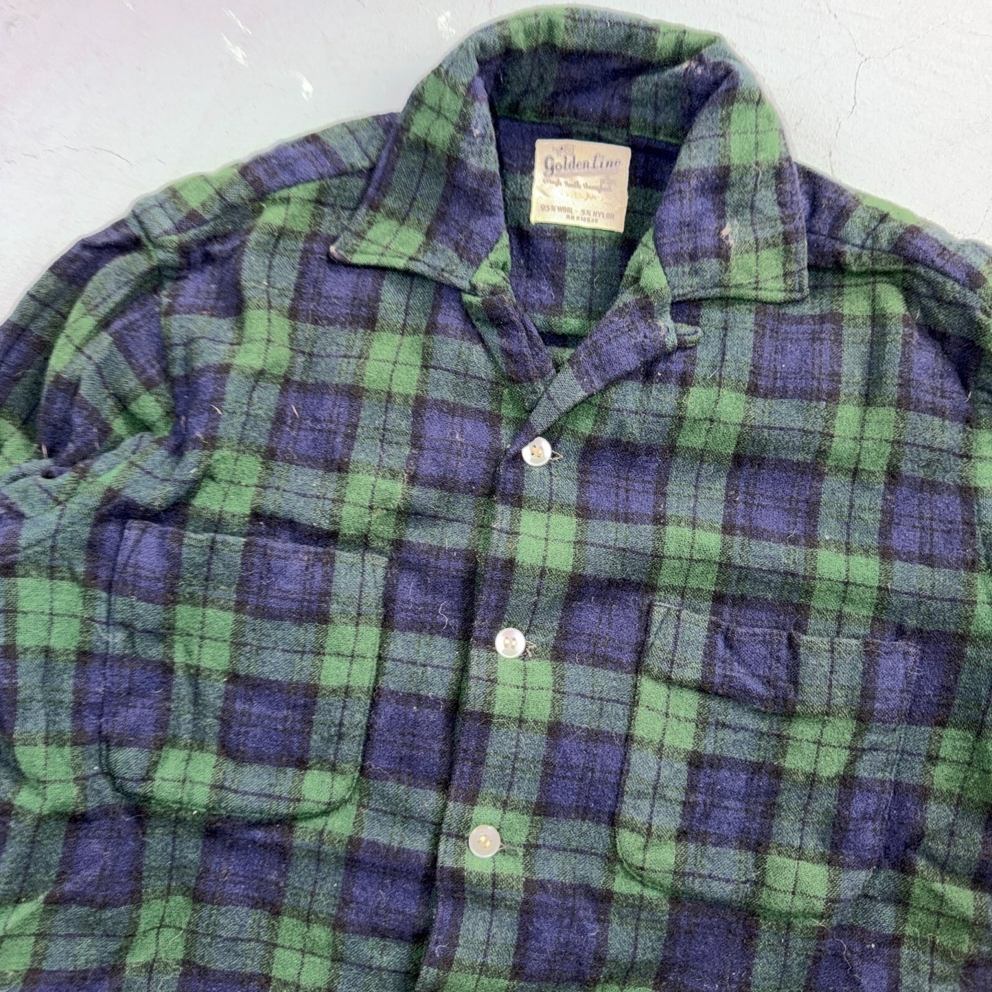 VTG 60s Golden Line Blackwatch Plaid Wool Shirt Loop Collar Rockabilly Japan