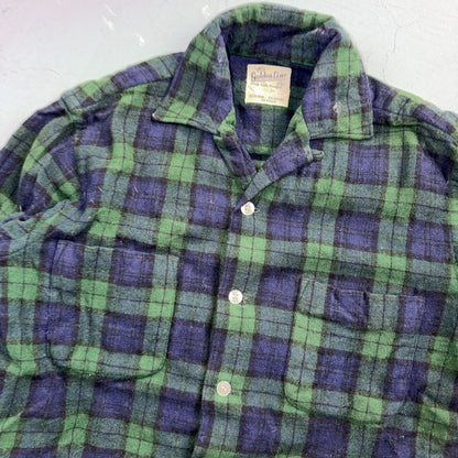 VTG 60s Golden Line Blackwatch Plaid Wool Shirt Loop Collar Rockabilly Japan