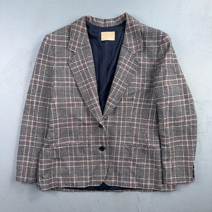 Pendleton 100% Virgin Wool Blazer Womens 16 Gray Plaid One Button Pockets