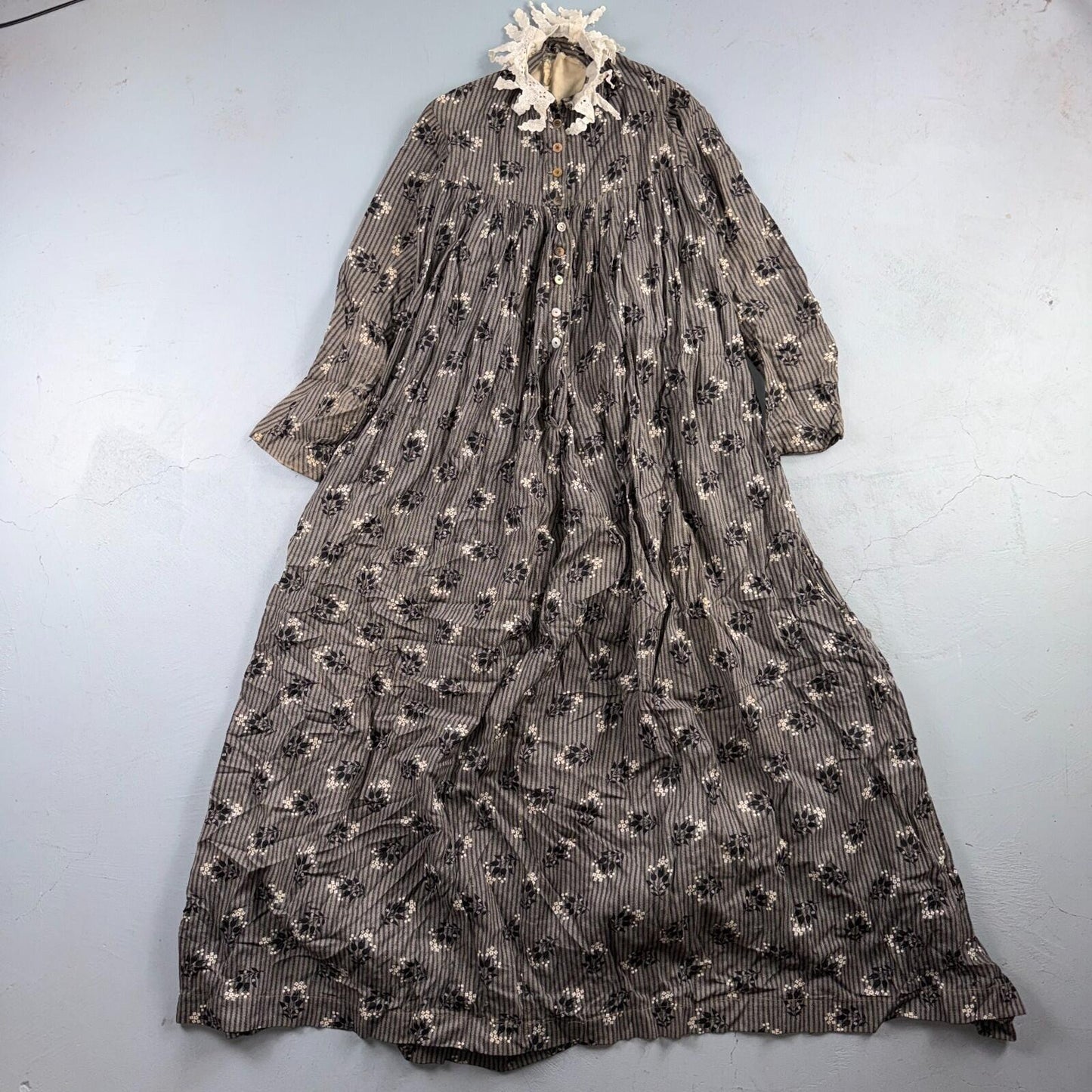 Antique Edwardian 1800s Calico Day Dress House Farm Dress Victorian 1900s Lace