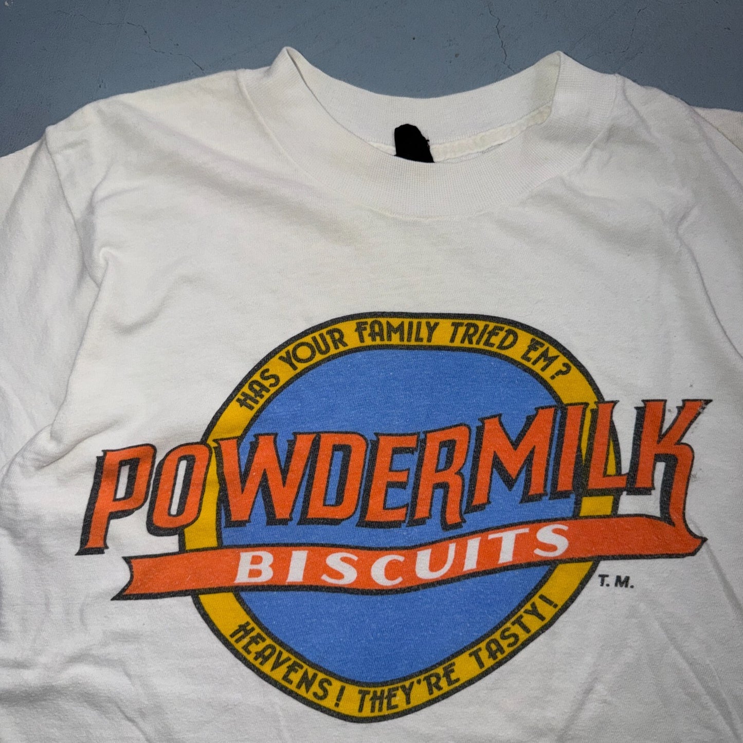 VTG 70s Powdermilk Biscuits Graphic T Shirt Has Your Family Food Promo Rare 1970