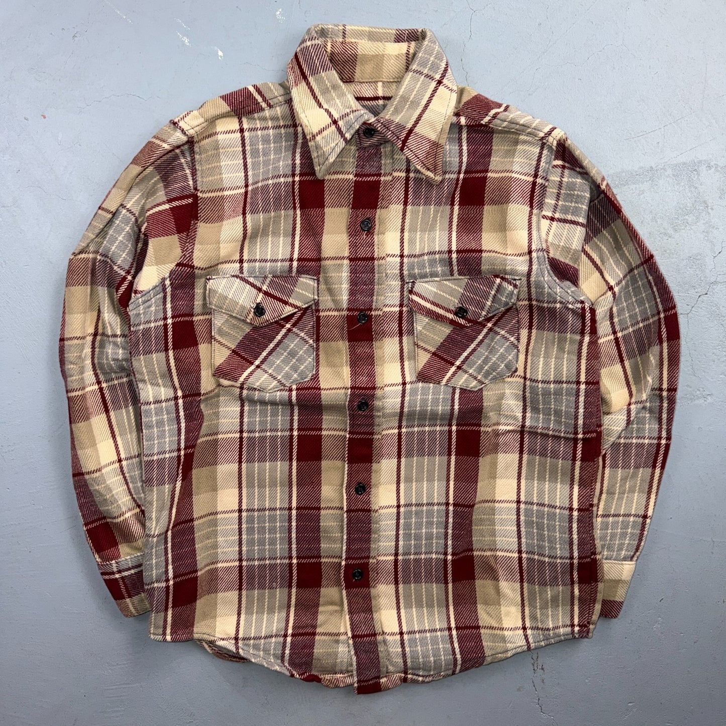 VTG 70s Burgundy Gray Plaid Heavy Flannel Button Shirt Workwear Mens Penneys