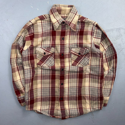 VTG 70s Burgundy Gray Plaid Heavy Flannel Button Shirt Workwear Mens Penneys