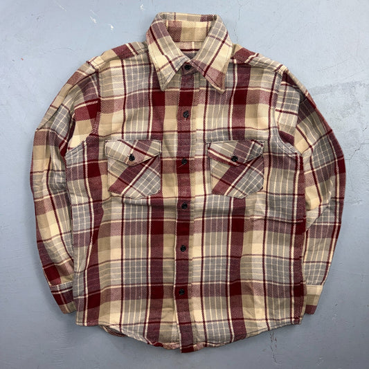 VTG 70s Burgundy Gray Plaid Heavy Flannel Button Shirt Workwear Mens Penneys
