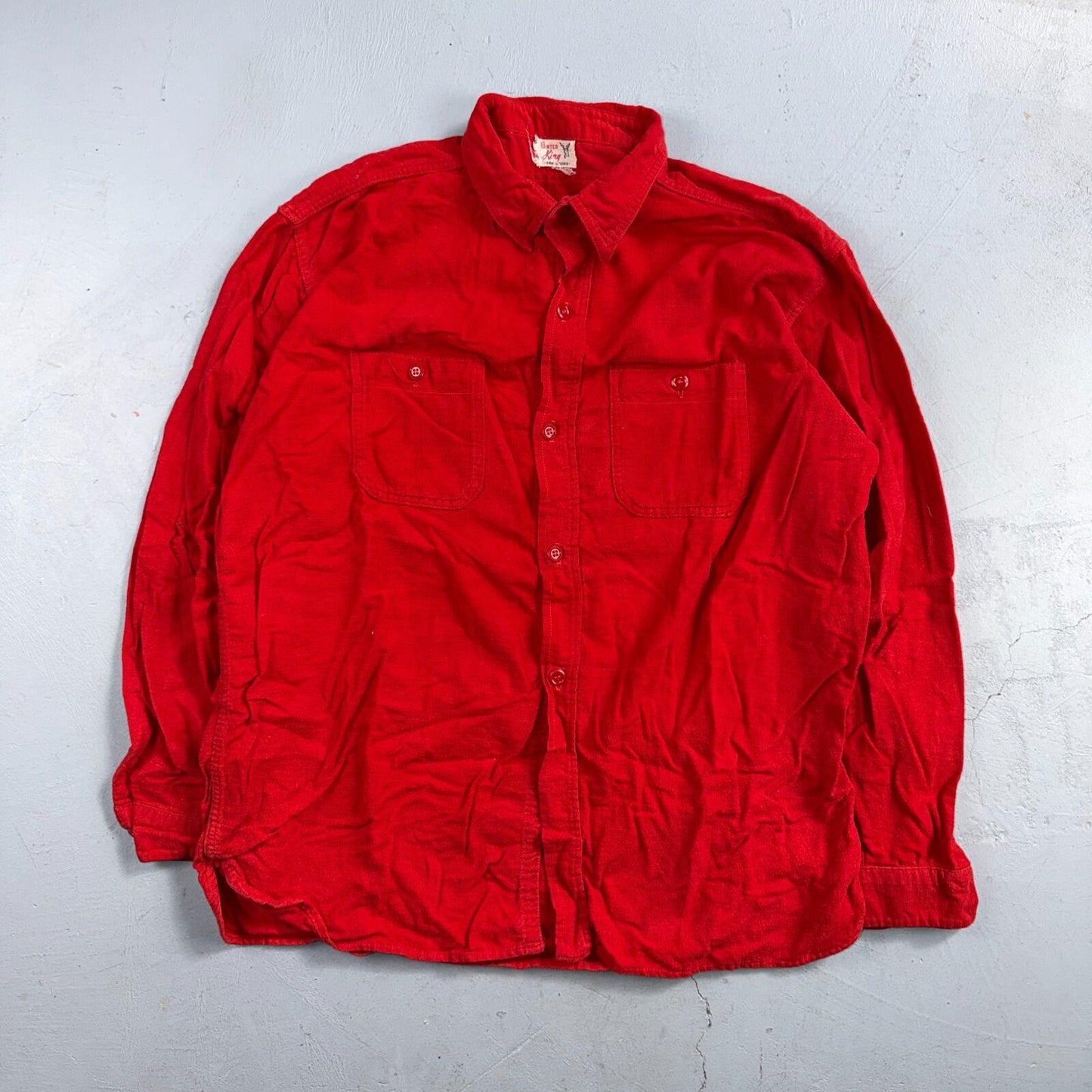 Vintage Winter King Cotton Flannel Shirt 40s 50s Sanforized Large Red Rockabilly