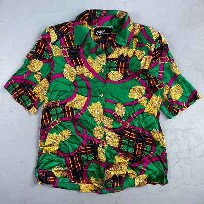 Peter Nygard Shirt Womens 12 Gold Green Silk Abstract VTG 80s Saks Fifth Avenue