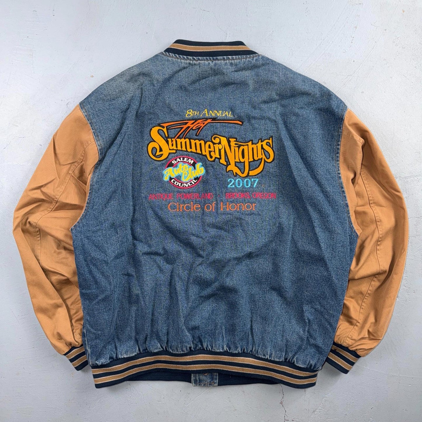 Summer Nights 2007 Vintage Denim Varsity Jacket Y2K Dan Judy Salem Auto Club
