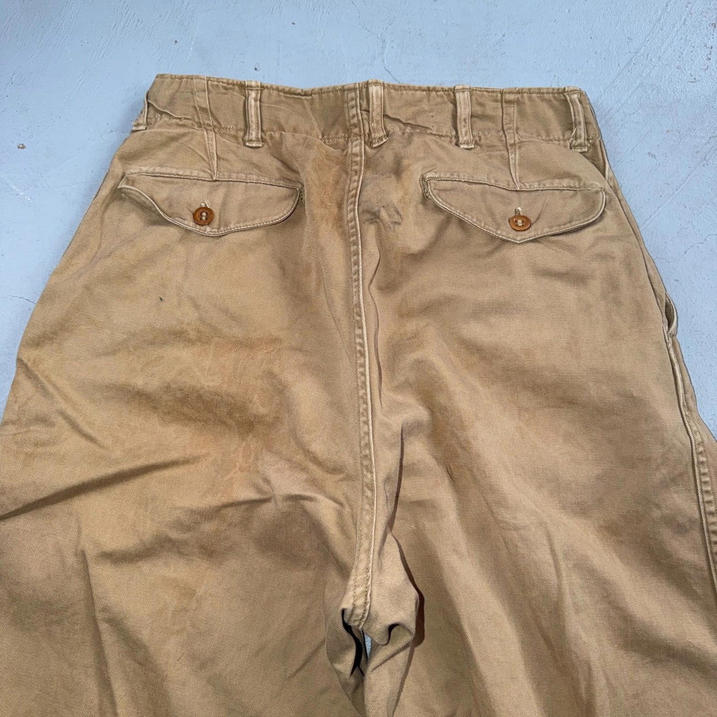 VTG 40s WWII Button Fly Cotton Military Trousers Chino Khaki Distressed 28x31