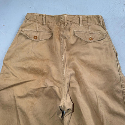VTG 40s WWII Button Fly Cotton Military Trousers Chino Khaki Distressed 28x31