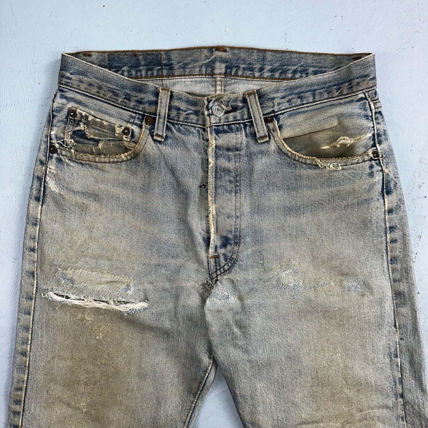 Levis 501 Vintage 80s Redline Selvedge USA XX Jeans Light Wash Thrashed Ac 29x26