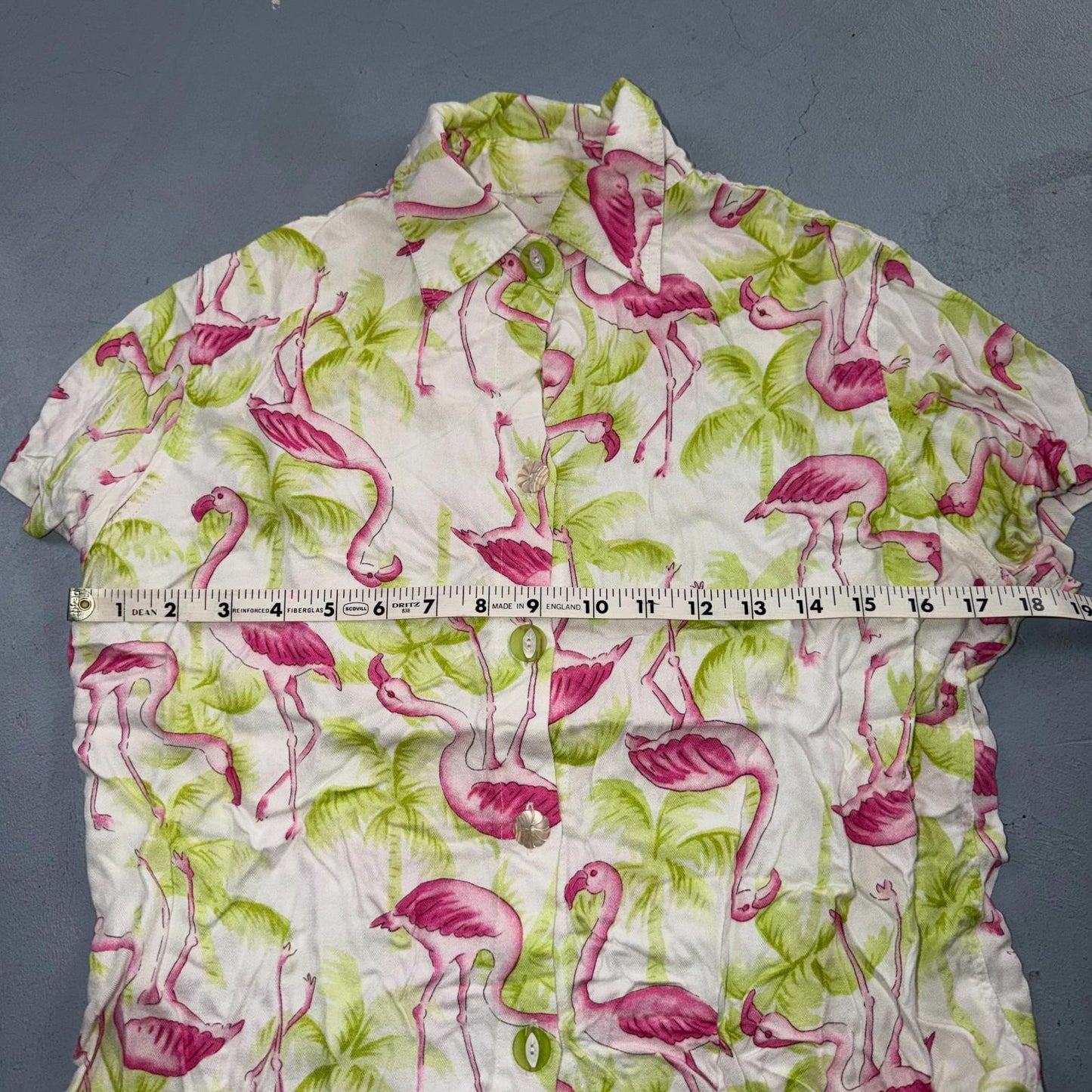 Womens Hawaiian Camp Bowling Lounge Button Up Shirt Flamingo Palm Trees