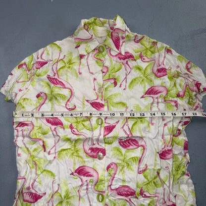 Womens Hawaiian Camp Bowling Lounge Button Up Shirt Flamingo Palm Trees