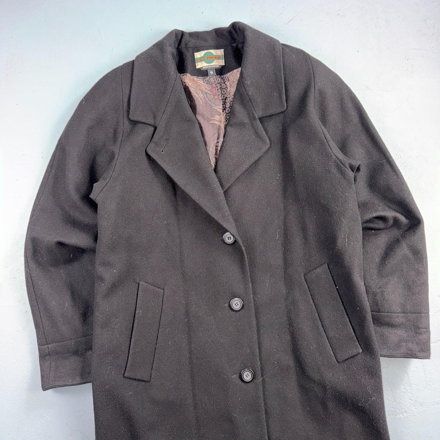 Out Brook Women's Size 12 Black Button Up Coat Wool Long Classy VTG 80s 90s