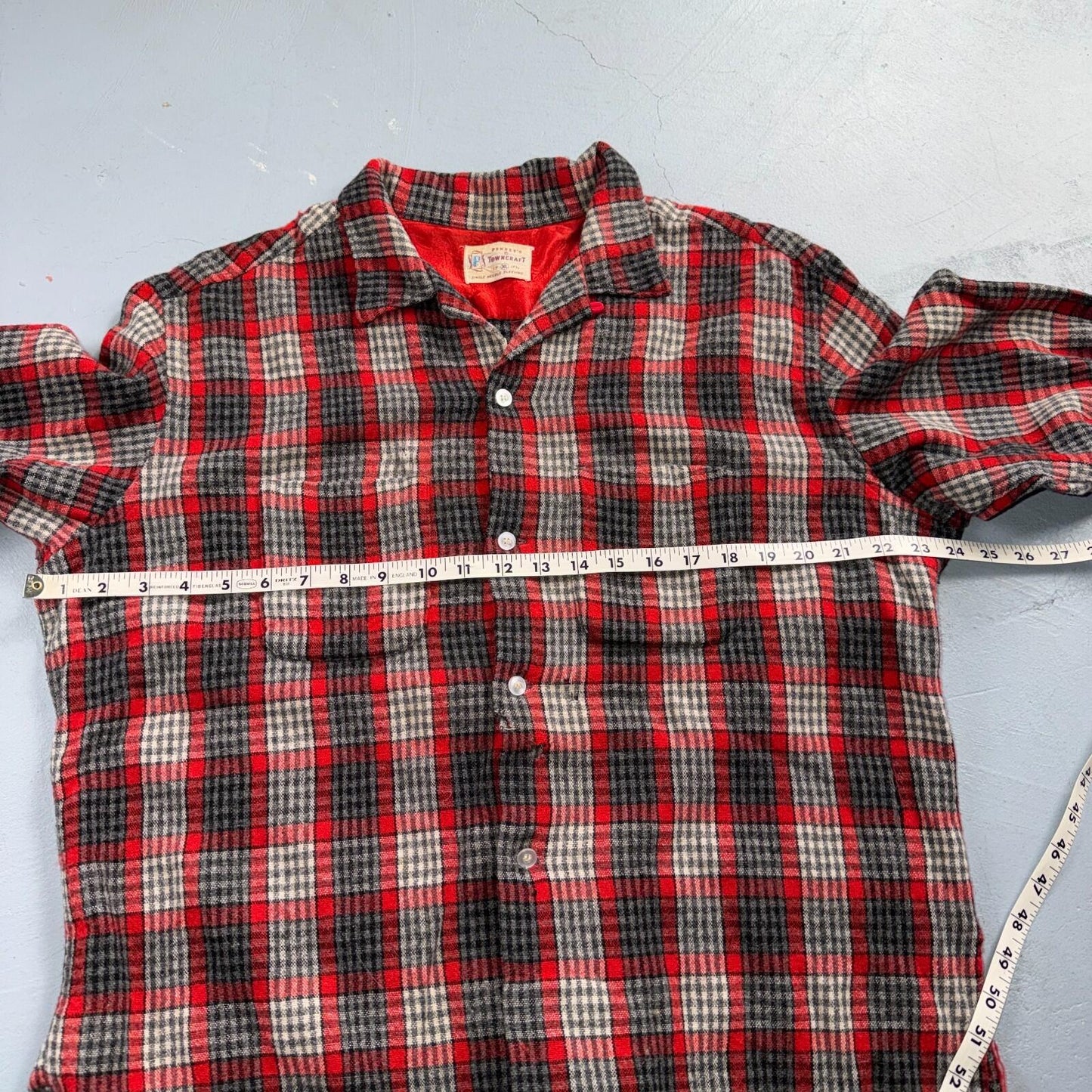 VTG XL 50s Penneys Shirt Red Plaid Wool Button Loop Collar Rockabilly 1950s Gray