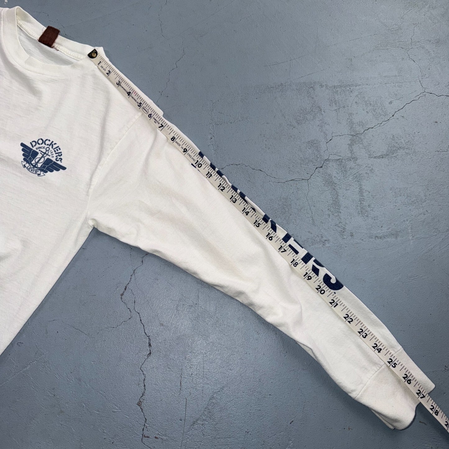 VTG 80s Dockers Levis Long Sleeve T Shirt Spellout Sleeve Logo Made USA Big E