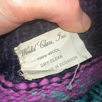 VTG World Class Sweater Purple Striped Wool Hand Made Aztec Geometric 1970s