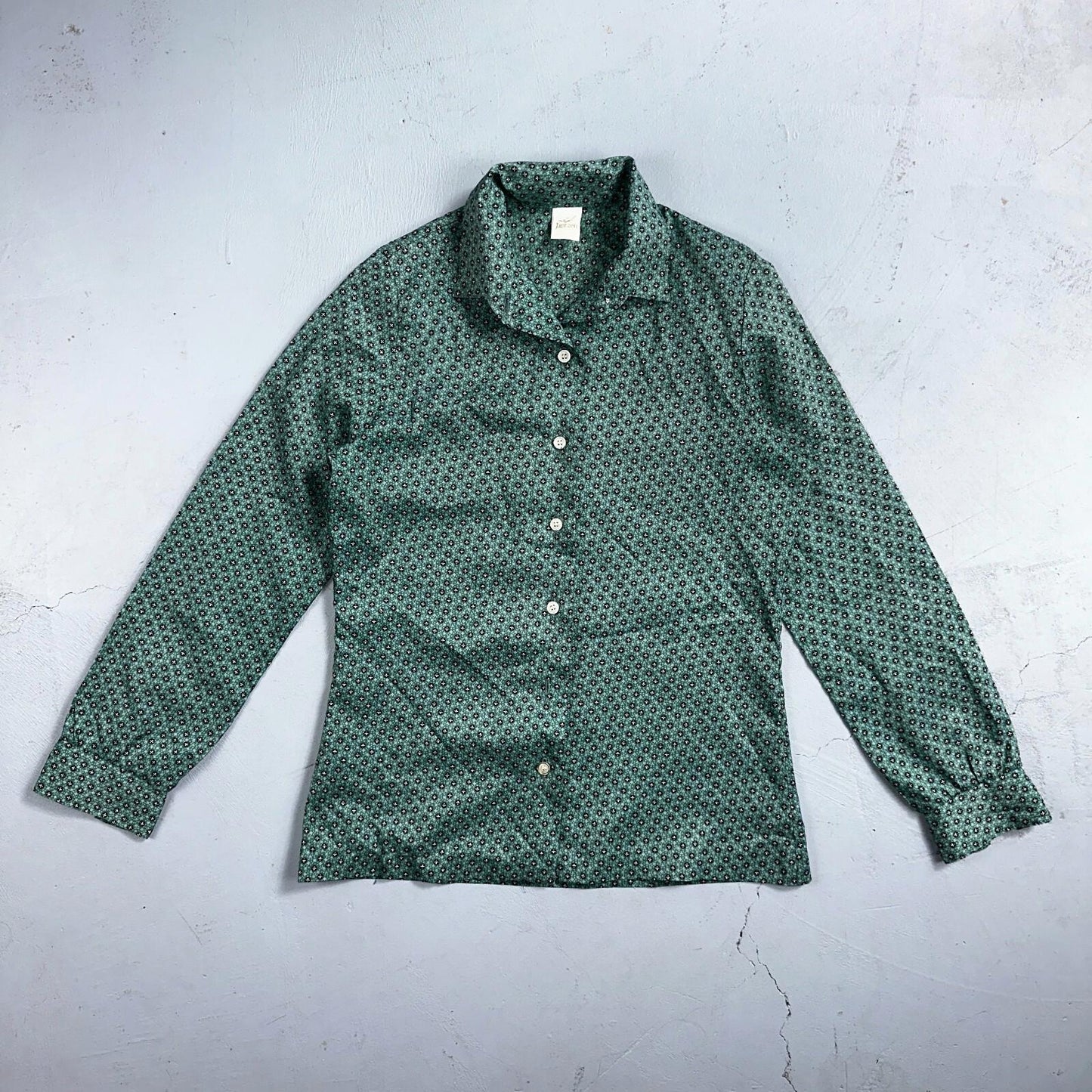 VTG 60s Jantzen Womens Top 12 Green Button Long Sleeve Shirt Flowers USA
